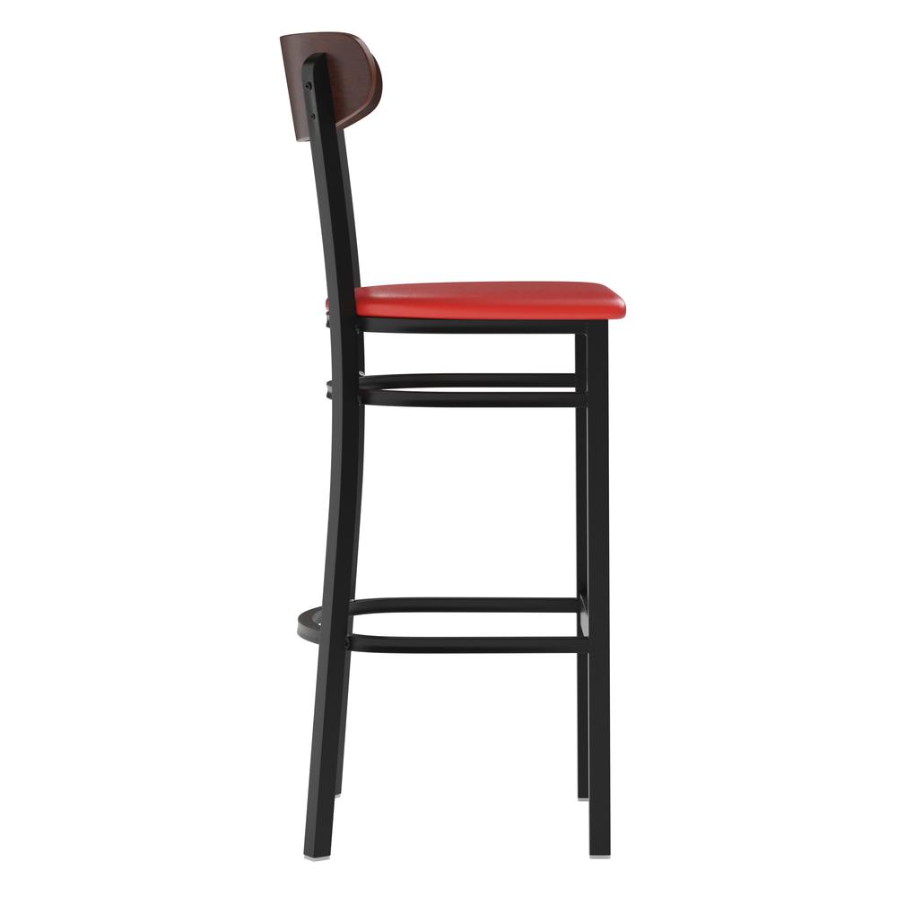 Wright Commercial Barstool with 500 LB. Capacity Black Steel Frame, Walnut Finish Wooden Boomerang Back, and Red Vinyl Seat. Picture 9