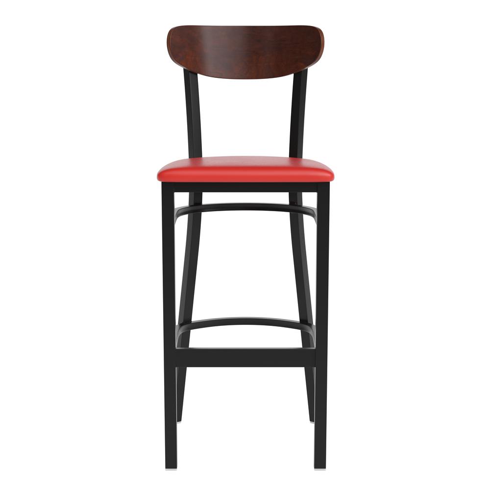 Wright Commercial Barstool with 500 LB. Capacity Black Steel Frame, Walnut Finish Wooden Boomerang Back, and Red Vinyl Seat. Picture 10