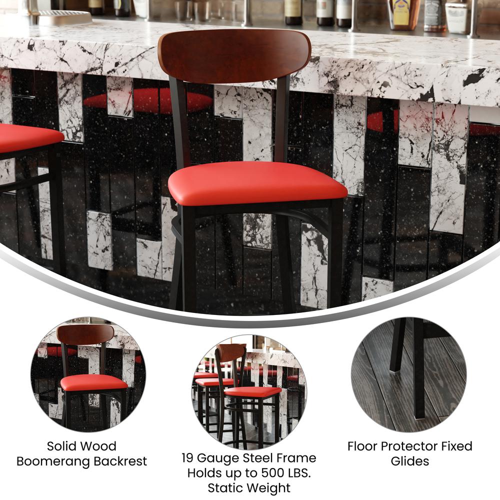 Wright Commercial Barstool with 500 LB. Capacity Black Steel Frame, Walnut Finish Wooden Boomerang Back, and Red Vinyl Seat. Picture 4