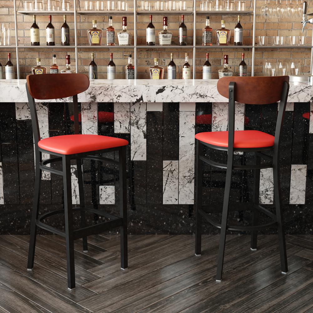 Wright Commercial Barstool with 500 LB. Capacity Black Steel Frame, Walnut Finish Wooden Boomerang Back, and Red Vinyl Seat. Picture 6