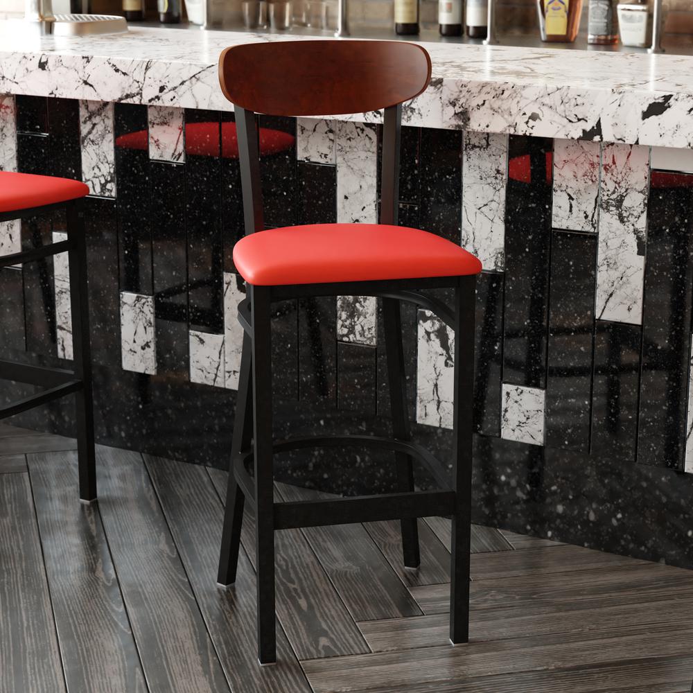 Wright Commercial Barstool with 500 LB. Capacity Black Steel Frame, Walnut Finish Wooden Boomerang Back, and Red Vinyl Seat. Picture 7