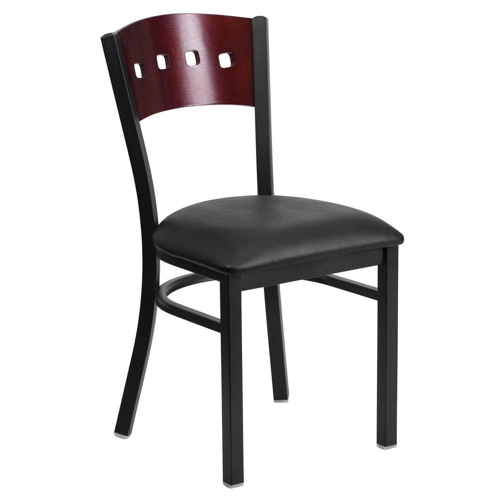 Black 4 Back Metal Restaurant Chair - Mahogany Wood Back, Black Vinyl Seat. Picture 1