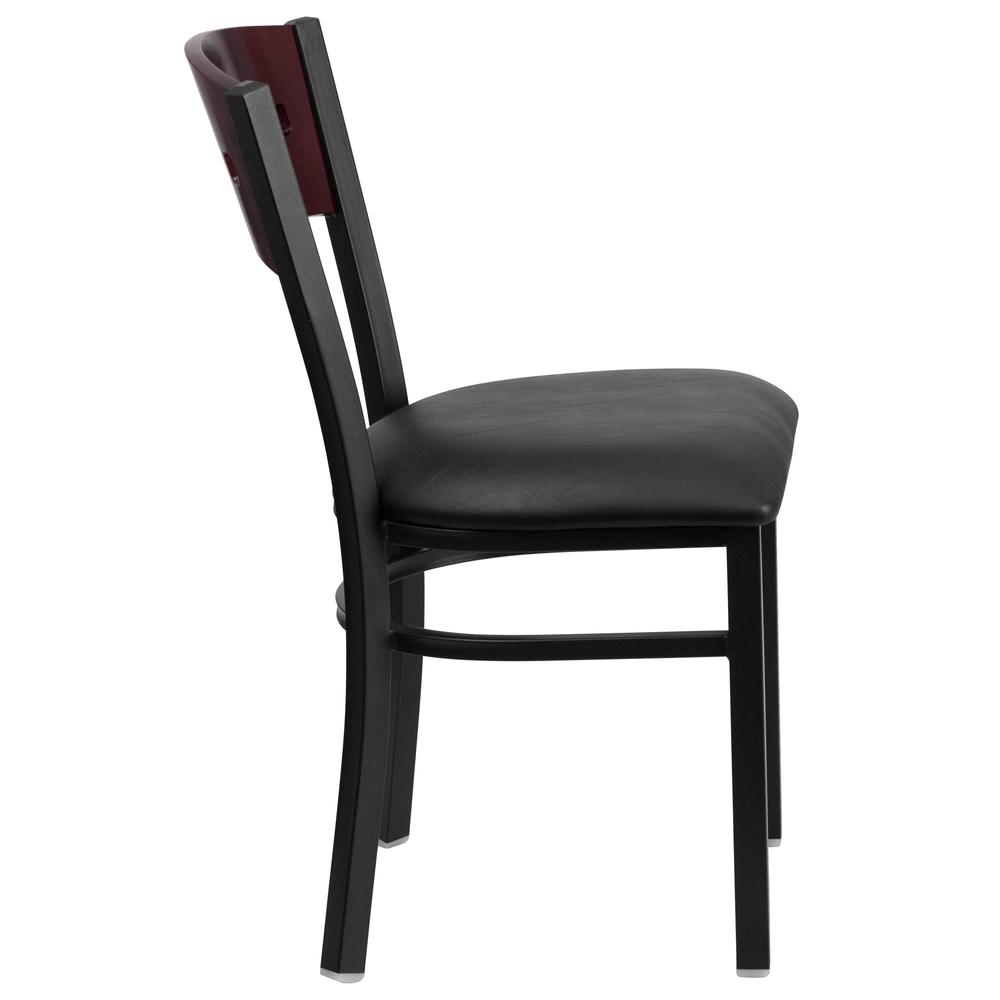 Black 4 Square Back Metal Restaurant Chair - Mahogany Wood Back, Black Vinyl Seat. Picture 2