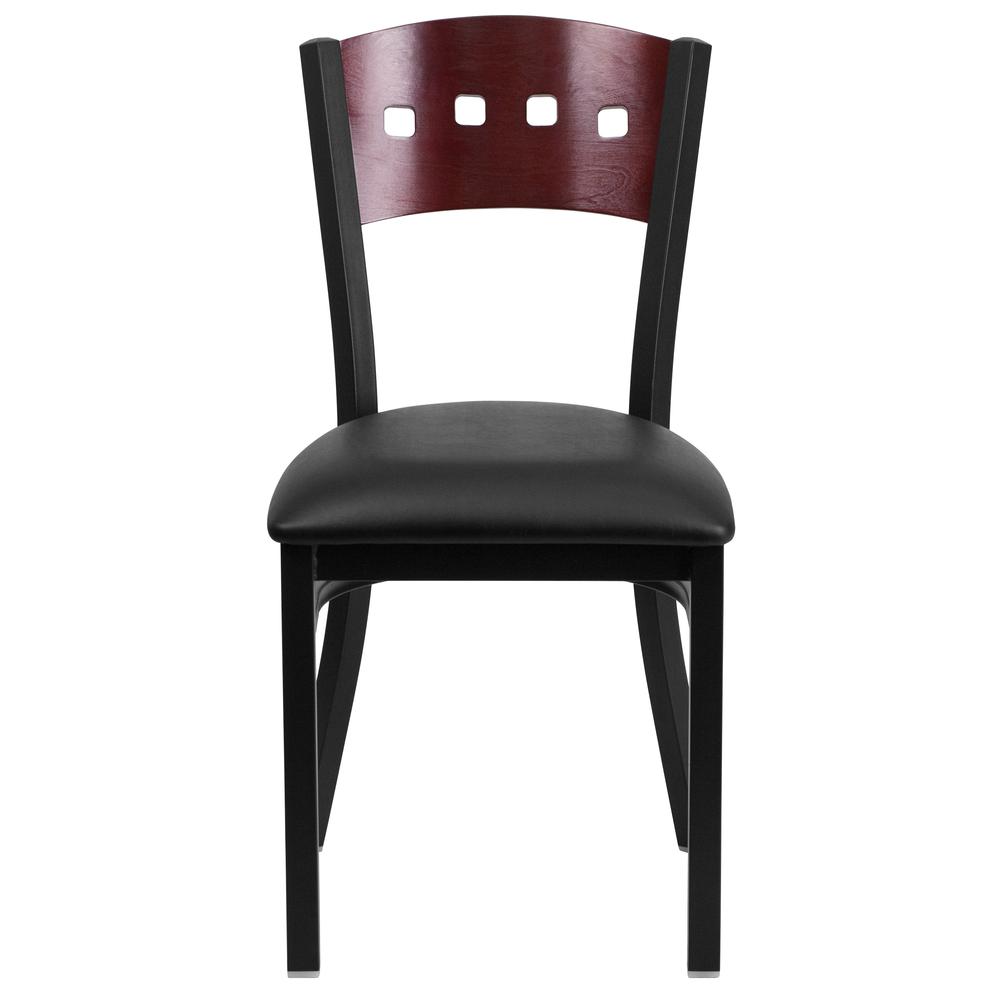 Black 4 Back Metal Restaurant Chair - Mahogany Wood Back, Black Vinyl Seat. Picture 4