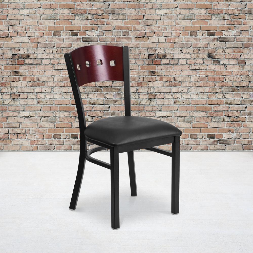 Black 4 Square Back Metal Restaurant Chair - Mahogany Wood Back, Black Vinyl Seat. Picture 5