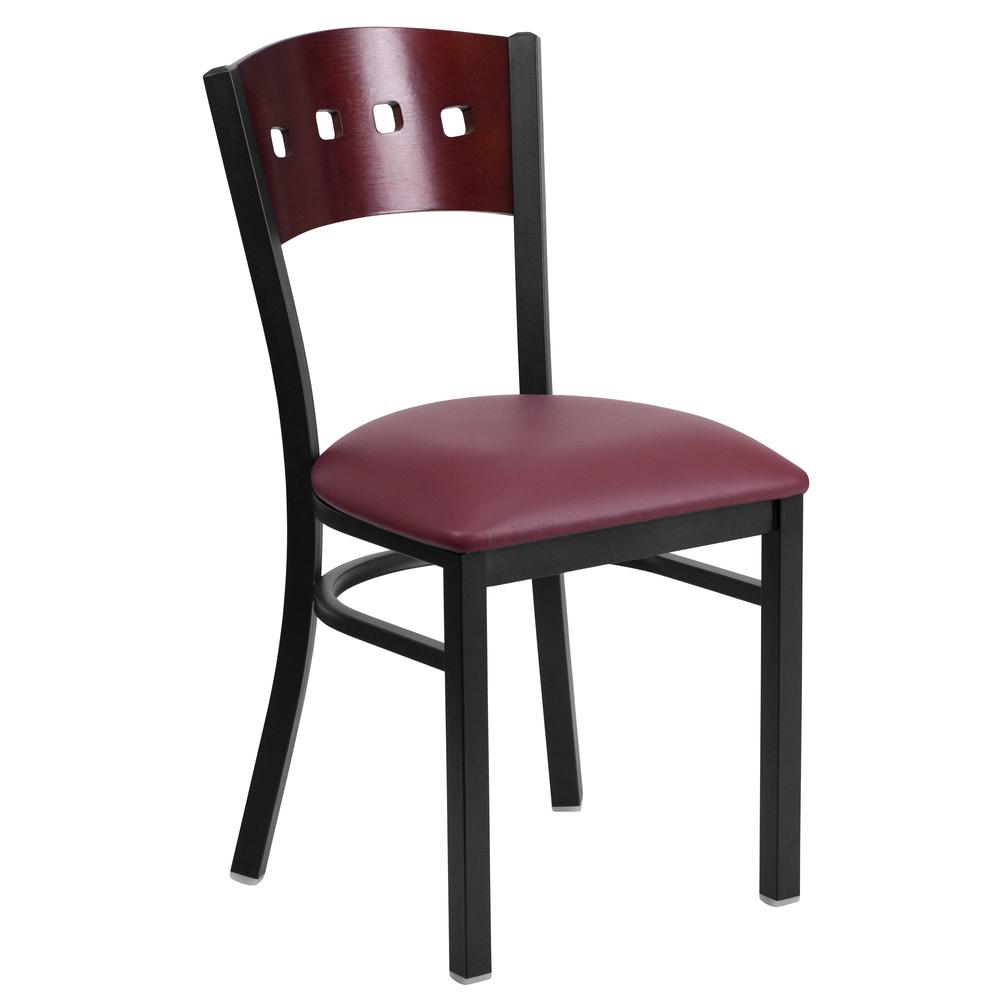 Black 4 Square Back Metal Restaurant Chair - Mahogany Wood Back, Burgundy Vinyl Seat. Picture 1