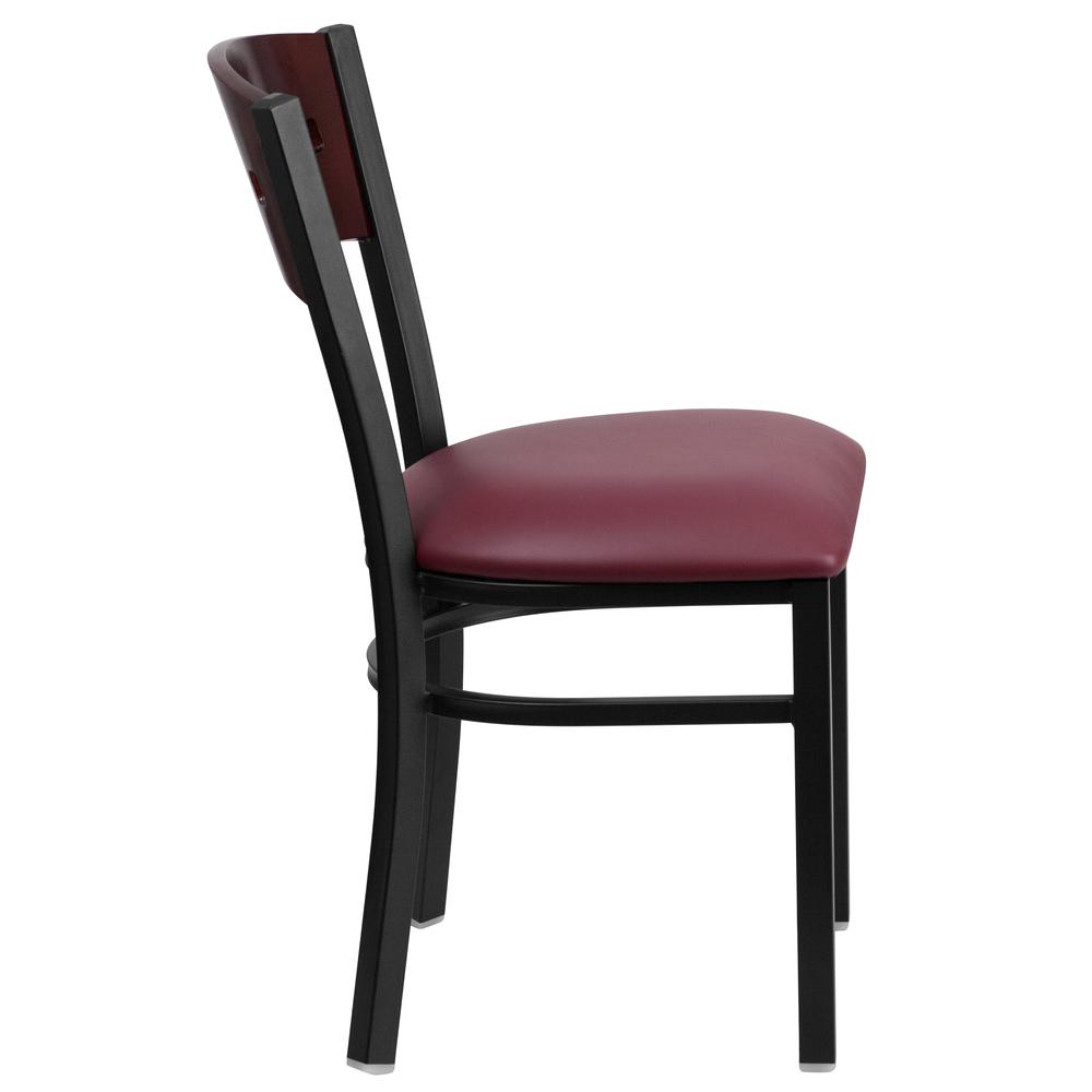 Black 4 Square Back Metal Restaurant Chair - Mahogany Wood Back, Burgundy Vinyl Seat. Picture 2