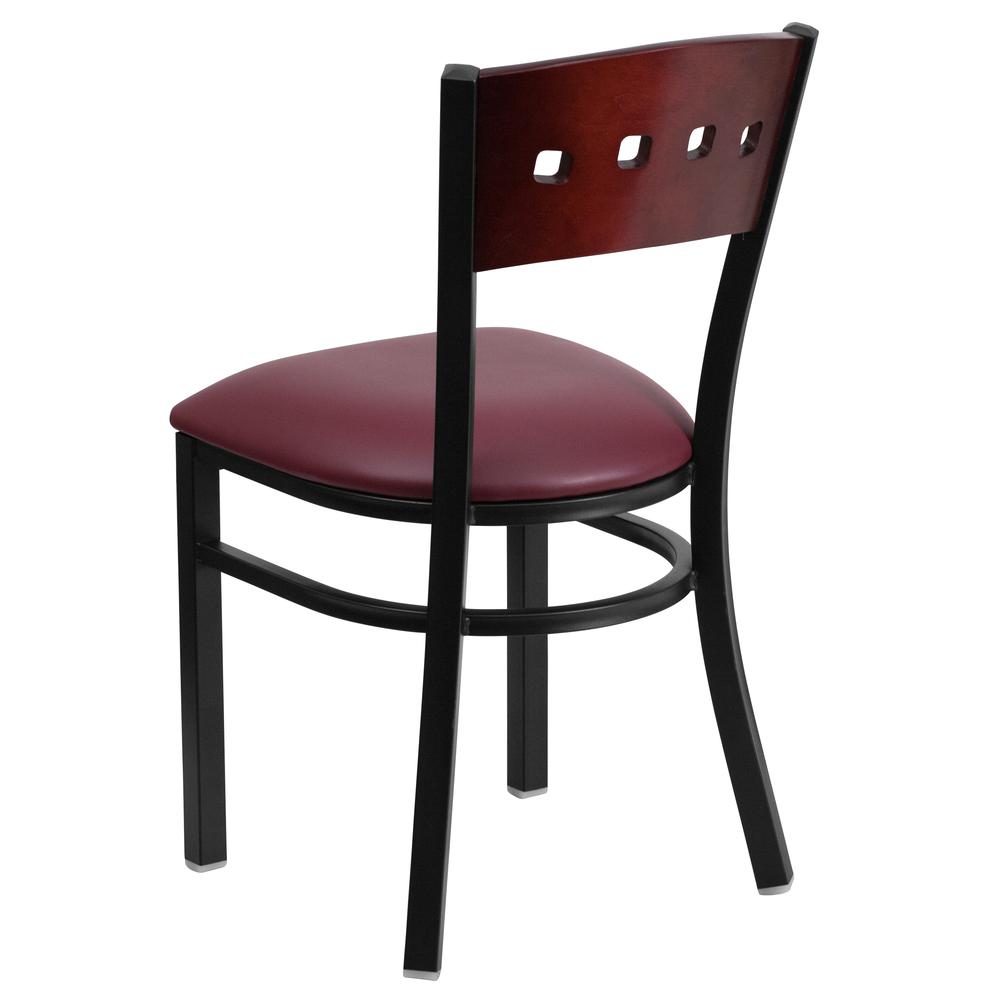 Black 4 Back Metal Restaurant Chair - Mahogany Wood Back, Burgundy Vinyl Seat. Picture 3