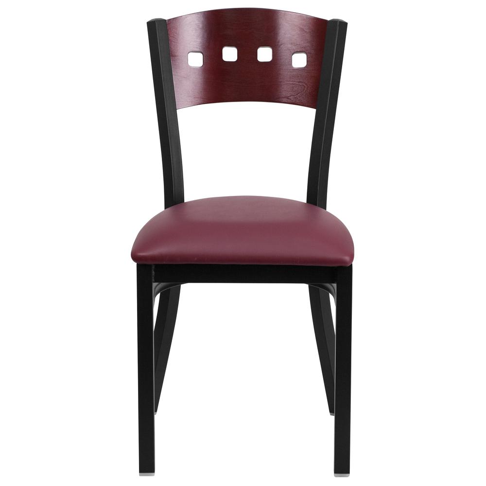 Black 4 Back Metal Restaurant Chair - Mahogany Wood Back, Burgundy Vinyl Seat. Picture 4
