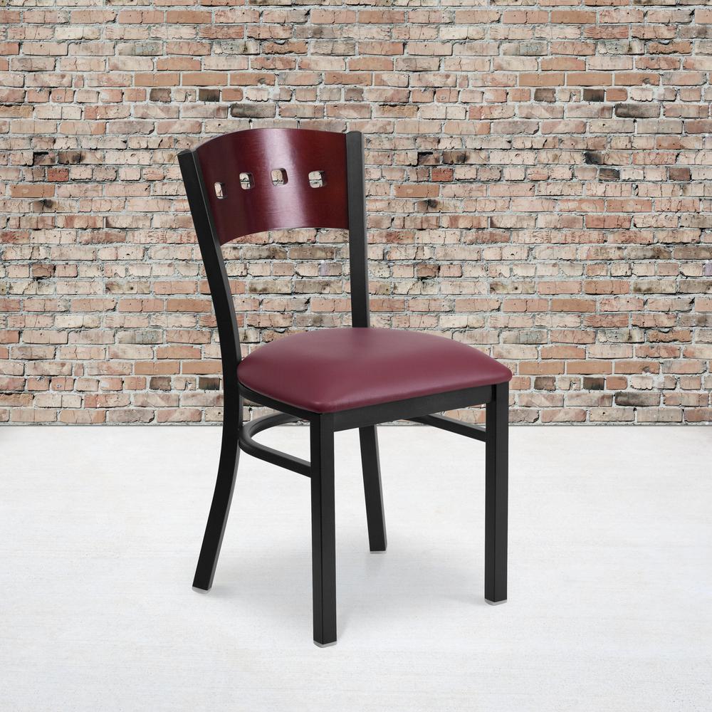 Black 4 Square Back Metal Restaurant Chair - Mahogany Wood Back, Burgundy Vinyl Seat. Picture 5