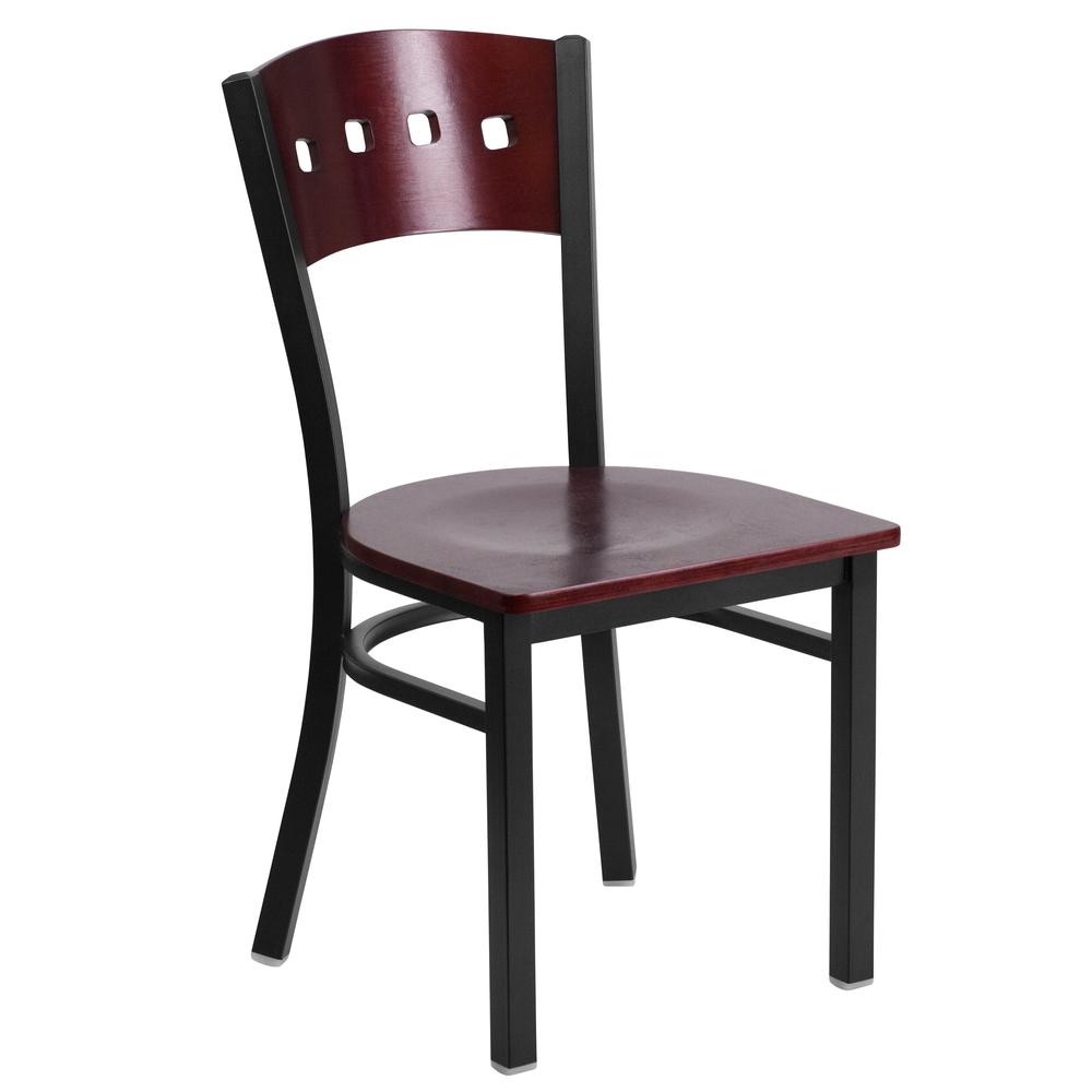 Black 4 Square Back Metal Restaurant Chair - Mahogany Wood Back & Seat. Picture 1