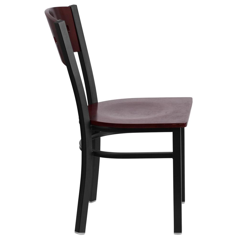 Black 4 Square Back Metal Restaurant Chair - Mahogany Wood Back & Seat. Picture 2