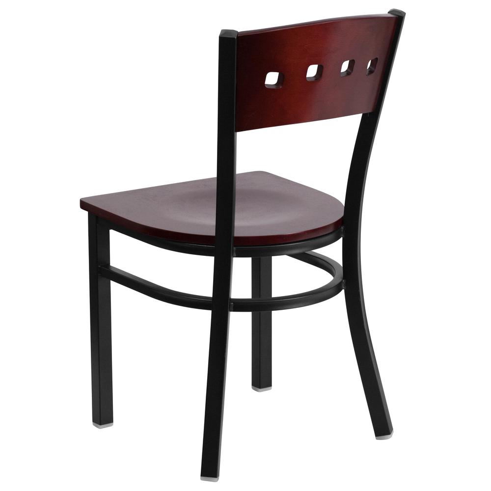 Black 4 Square Back Metal Restaurant Chair - Mahogany Wood Back & Seat. Picture 3