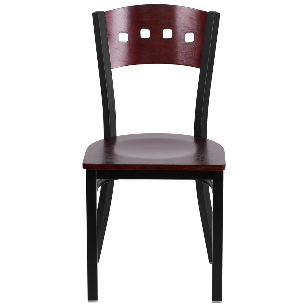 Black 4 Square Back Metal Restaurant Chair - Mahogany Wood Back & Seat. Picture 4