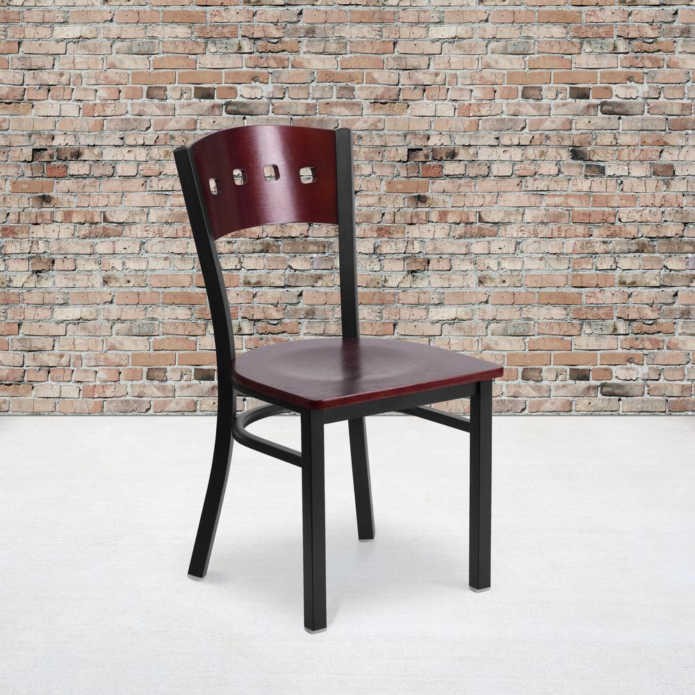 Black 4 Square Back Metal Restaurant Chair - Mahogany Wood Back & Seat. Picture 5