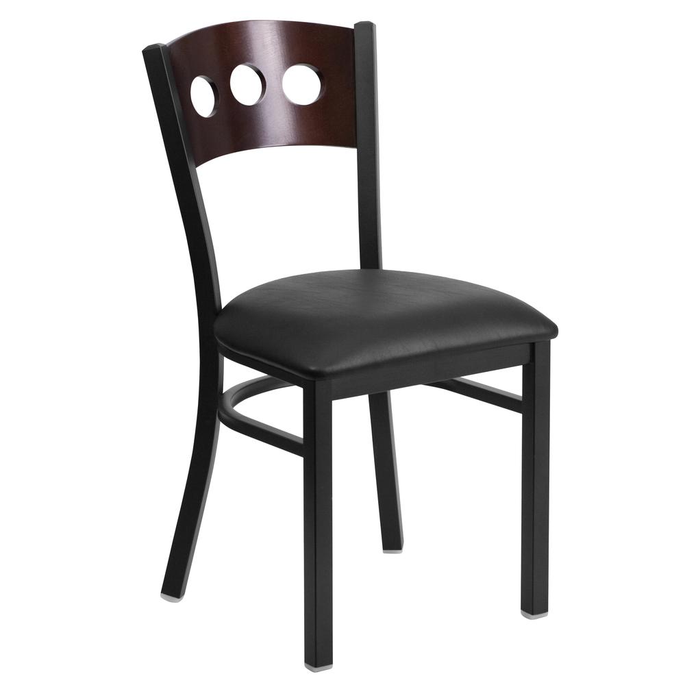 Black 3 Circle Back Metal Restaurant Chair - Walnut Wood Back, Black Vinyl Seat. Picture 1
