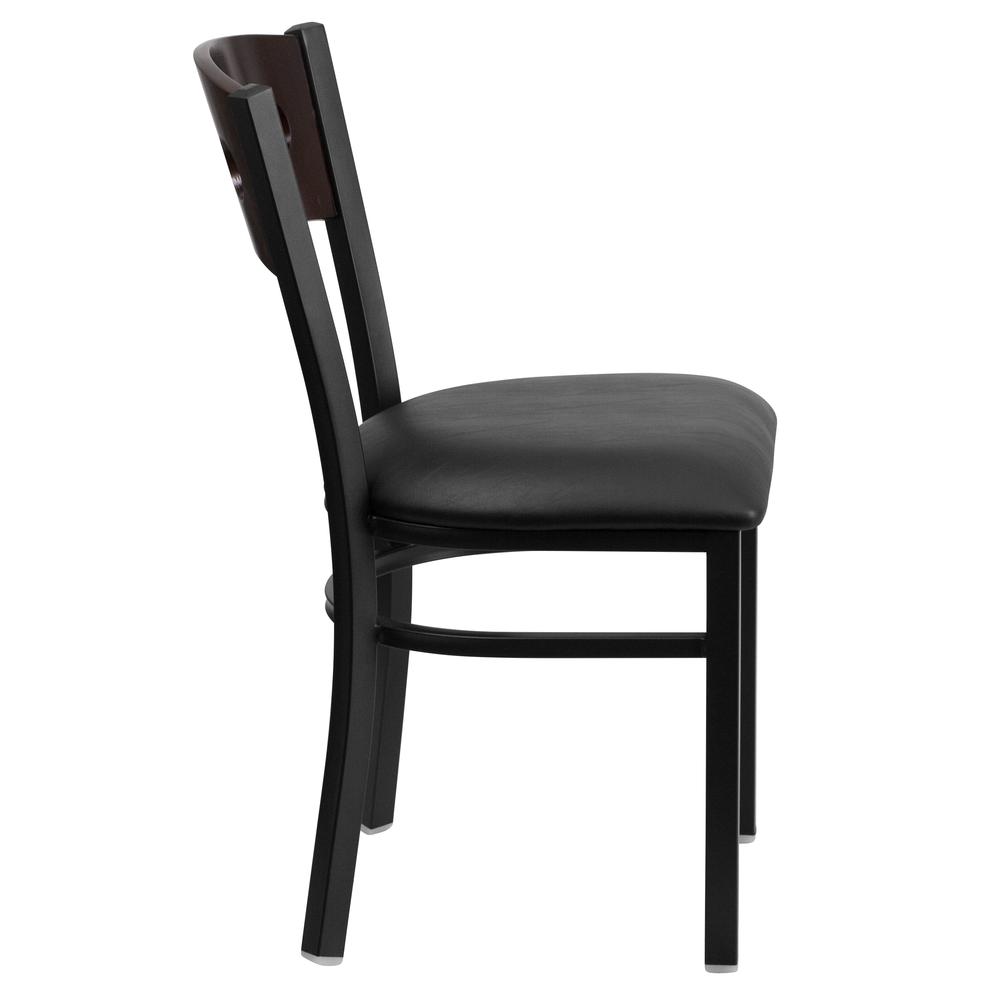 Black 3 Circle Back Metal Restaurant Chair - Walnut Wood Back, Black Vinyl Seat. Picture 2
