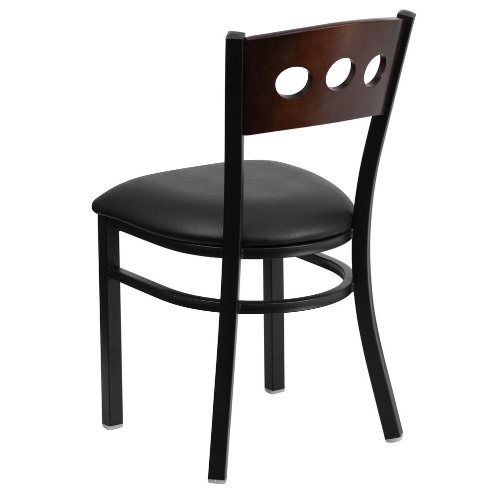 Black 3 Circle Back Metal Restaurant Chair - Walnut Wood Back, Black Vinyl Seat. Picture 3
