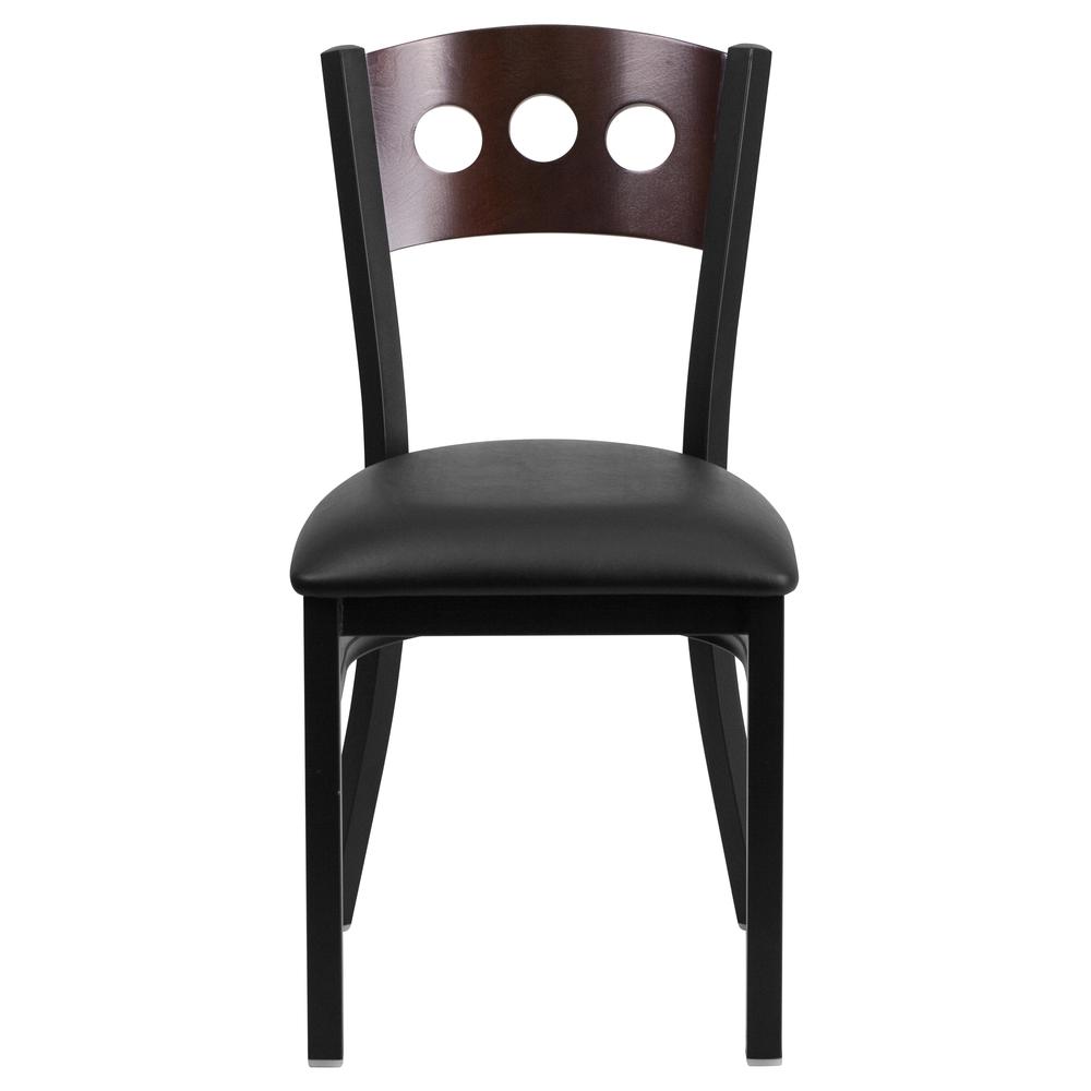 Black 3 Circle Back Metal Restaurant Chair - Walnut Wood Back, Black Vinyl Seat. Picture 4