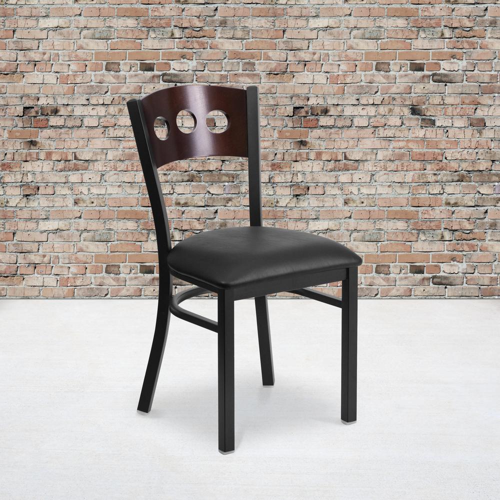 Black 3 Circle Back Metal Restaurant Chair - Walnut Wood Back, Black Vinyl Seat. Picture 5