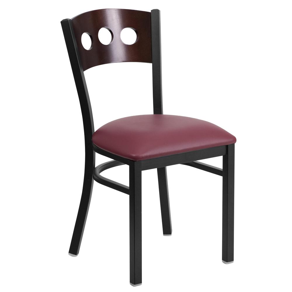 Black 3 Circle Back Metal Restaurant Chair - Walnut Wood Back, Burgundy Vinyl Seat. Picture 1
