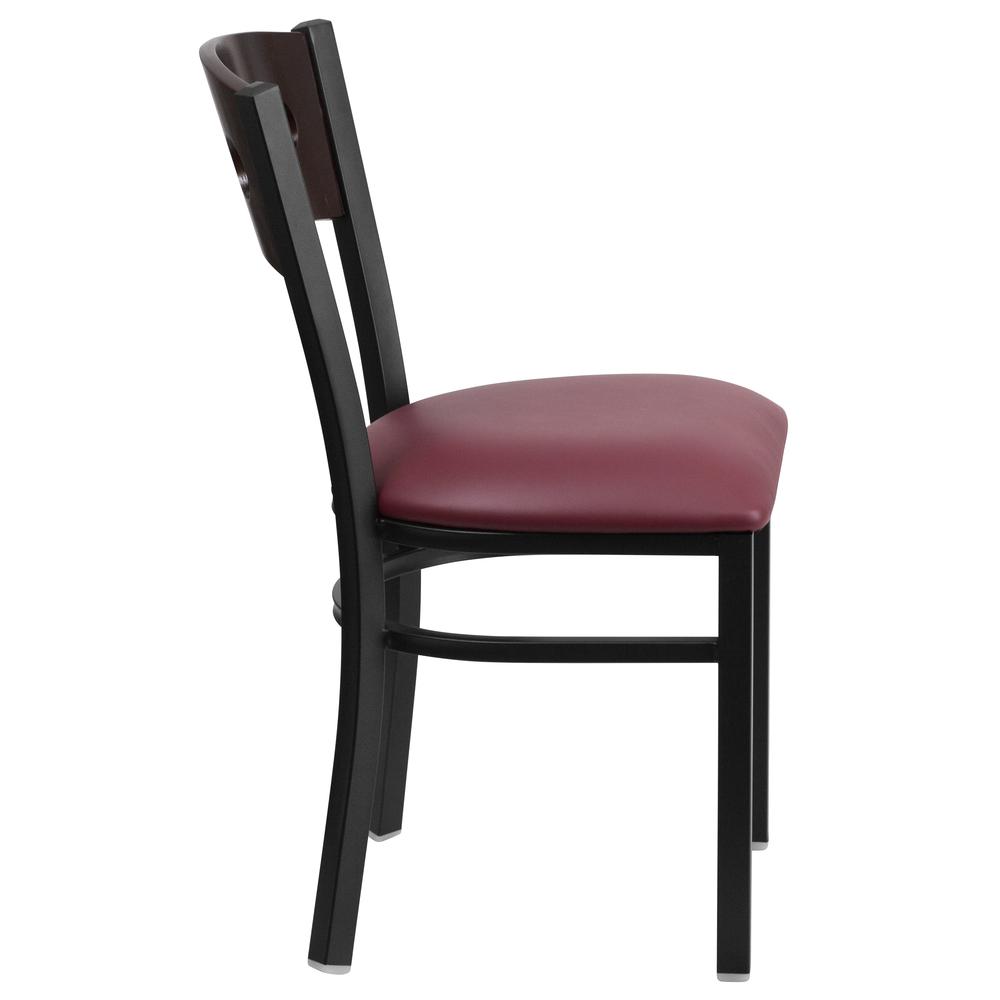 Black 3 Circle Back Metal Restaurant Chair - Walnut Wood Back, Burgundy Vinyl Seat. Picture 2