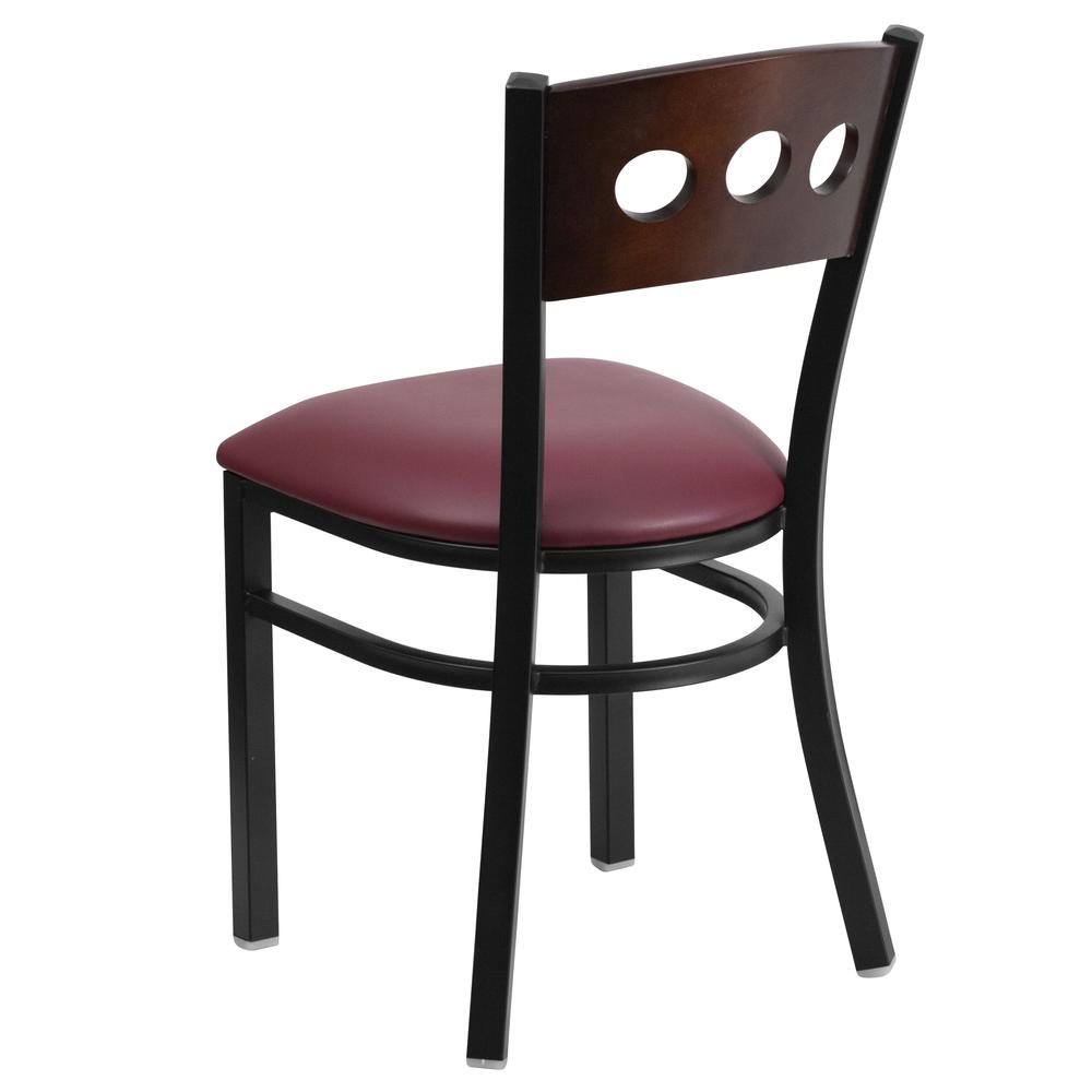 Black 3 Circle Back Metal Restaurant Chair - Walnut Wood Back, Burgundy Vinyl Seat. Picture 3