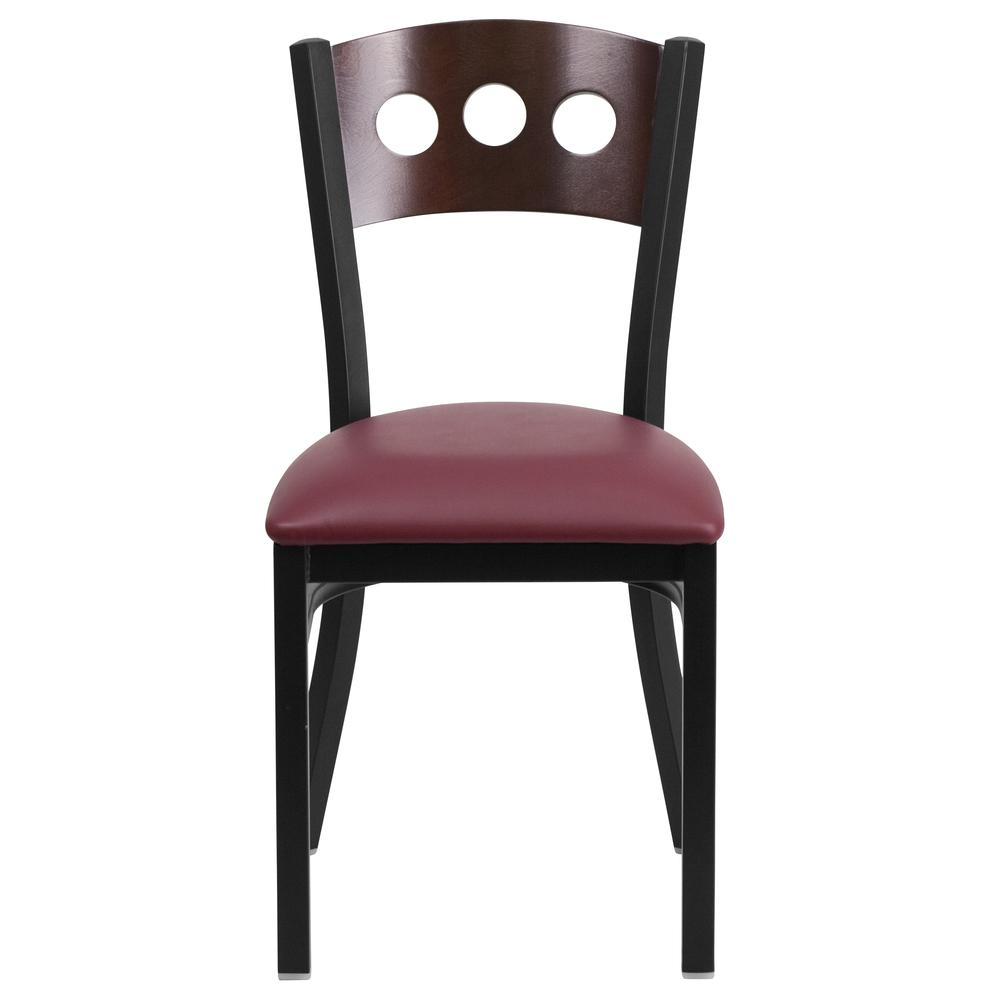 Black 3 Circle Back Metal Restaurant Chair - Walnut Wood Back, Burgundy Vinyl Seat. Picture 4