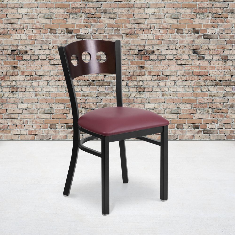 Black 3 Circle Back Metal Restaurant Chair - Walnut Wood Back, Burgundy Vinyl Seat. Picture 5