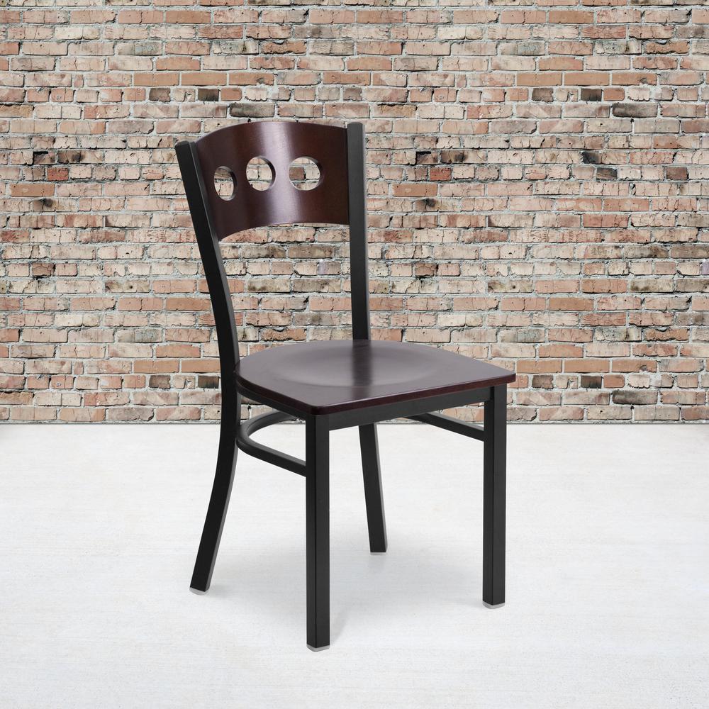 Black 3 Circle Back Metal Restaurant Chair - Walnut Wood Back & Seat. Picture 5