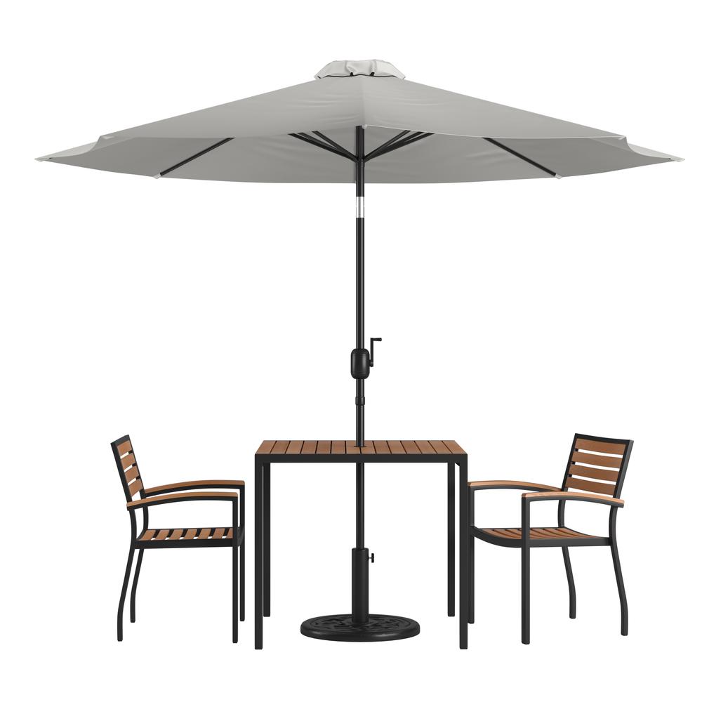 5 Piece Patio Table Set with 2 Stackable Chairs, 35" Table, Gray Umbrella, Base. Picture 1