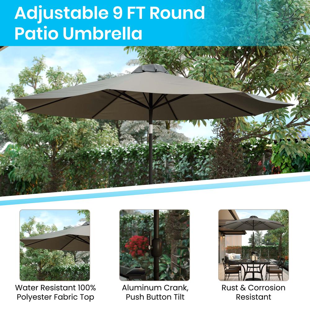 5 Piece Patio Table Set with 2 Stackable Chairs, 35" Table, Gray Umbrella, Base. Picture 6