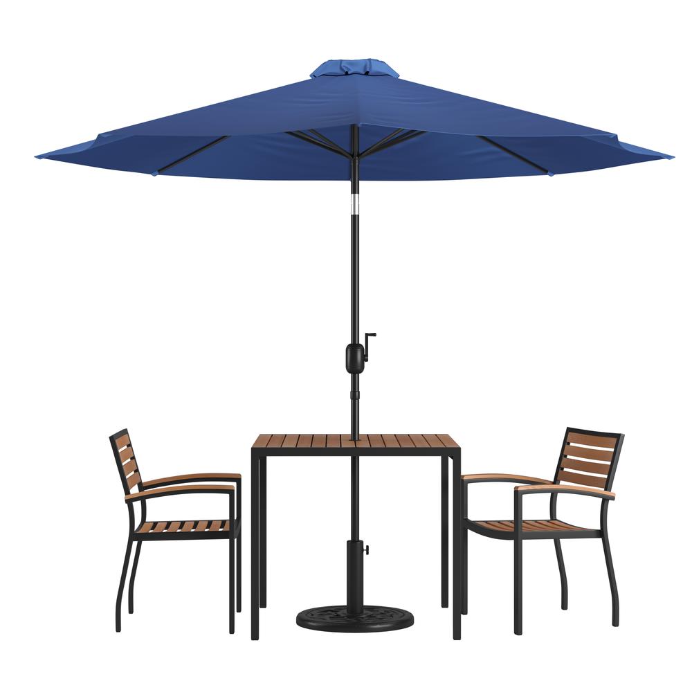 5 Piece Patio Table Set with 2 Stackable Chairs, 35" Table, Navy Umbrella, Base. Picture 1