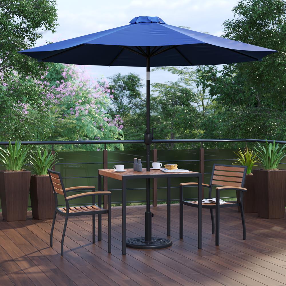 5 Piece Patio Table Set with 2 Stackable Chairs, 35" Table, Navy Umbrella, Base. Picture 2