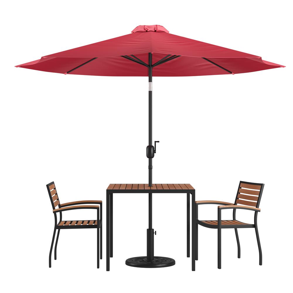 5 Piece Patio Table Set with 2 Stackable Chairs, 35" Table, Red Umbrella, Base. Picture 1