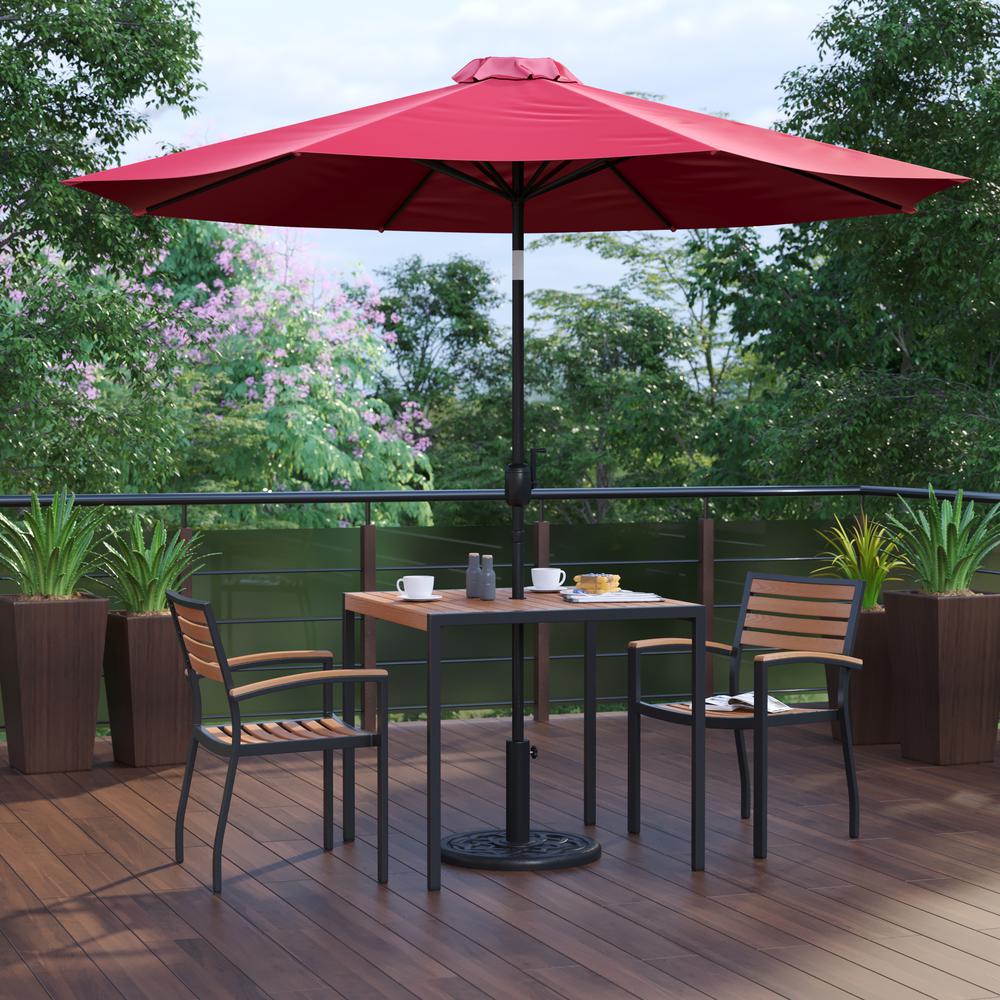 5 Piece Patio Table Set with 2 Stackable Chairs, 35" Table, Red Umbrella, Base. Picture 2