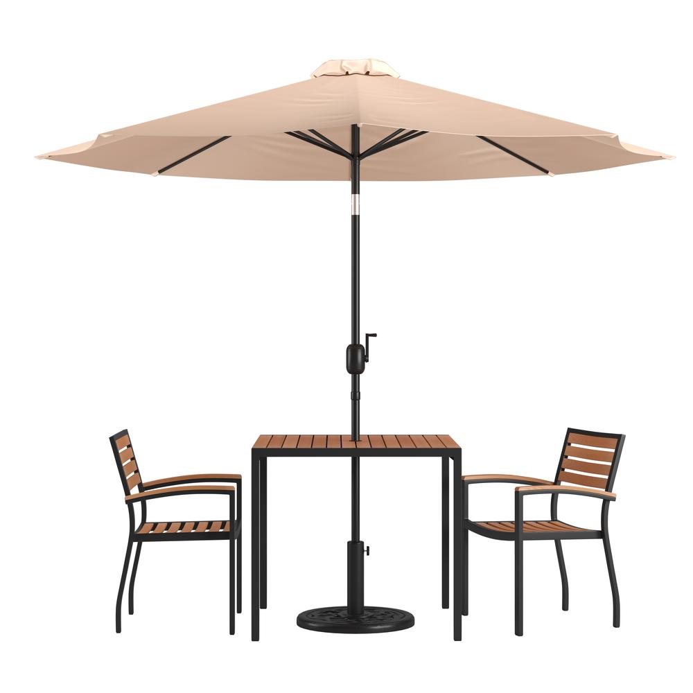 5 Piece Patio Table Set with 2 Stackable Chairs, 35" Table, Tan Umbrella, Base. Picture 1