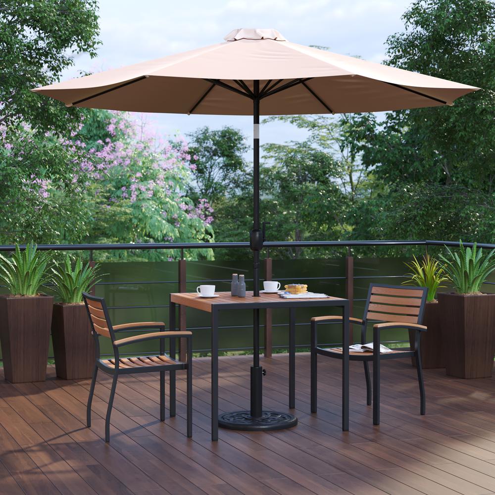 5 Piece Patio Table Set with 2 Stackable Chairs, 35" Table, Tan Umbrella, Base. Picture 2