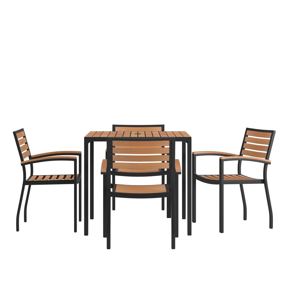 5 Piece Outdoor Dining Table Set - Synthetic Teak Poly Slats - 35" Square Steel Framed Table with Umbrella Hole - 4 Club Chairs. The main picture.