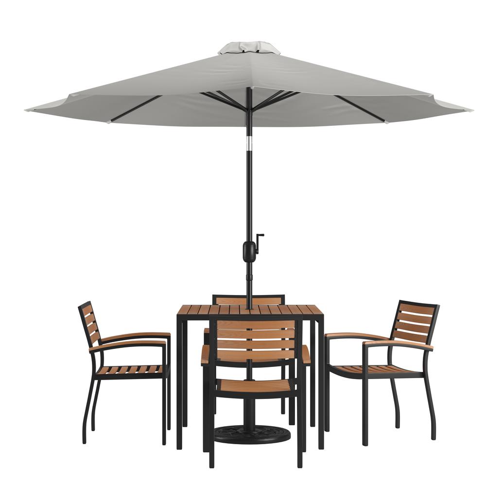 7 Piece Patio Table Set with 4 Stackable Chairs, 35" Table, Gray Umbrella, Base. Picture 1