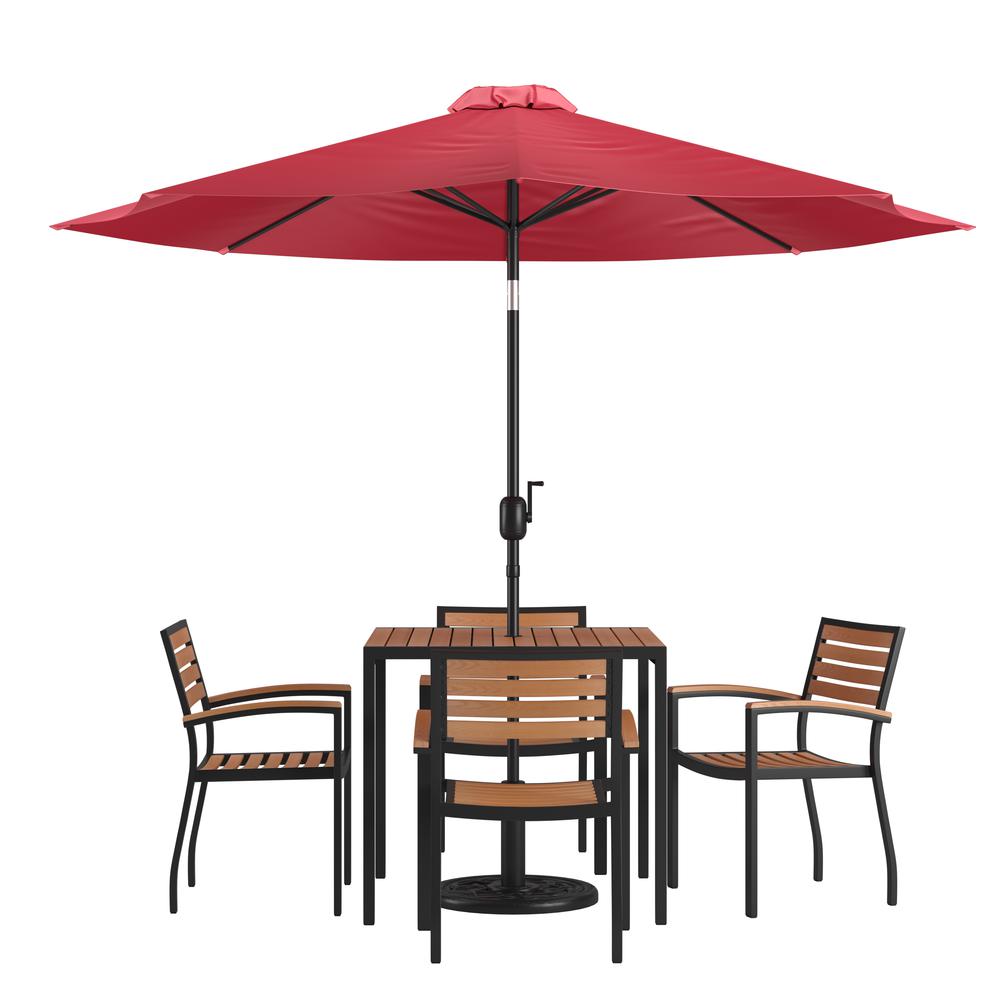 7 Piece Patio Table Set with 4 Stackable Chairs, 35" Table, Red Umbrella, Base. Picture 1
