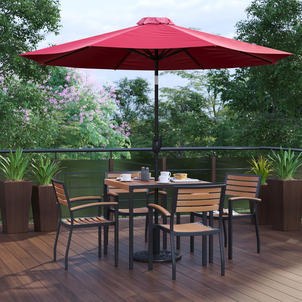 7 Piece Patio Table Set with 4 Stackable Chairs, 35" Table, Red Umbrella, Base. Picture 2