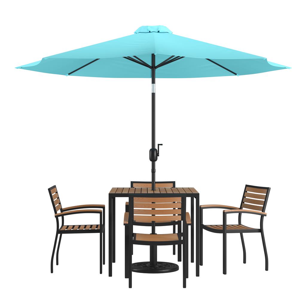 7 Piece Table Set - 4 Stackable Chairs, 35" Table, Teal Umbrella, Base. Picture 1