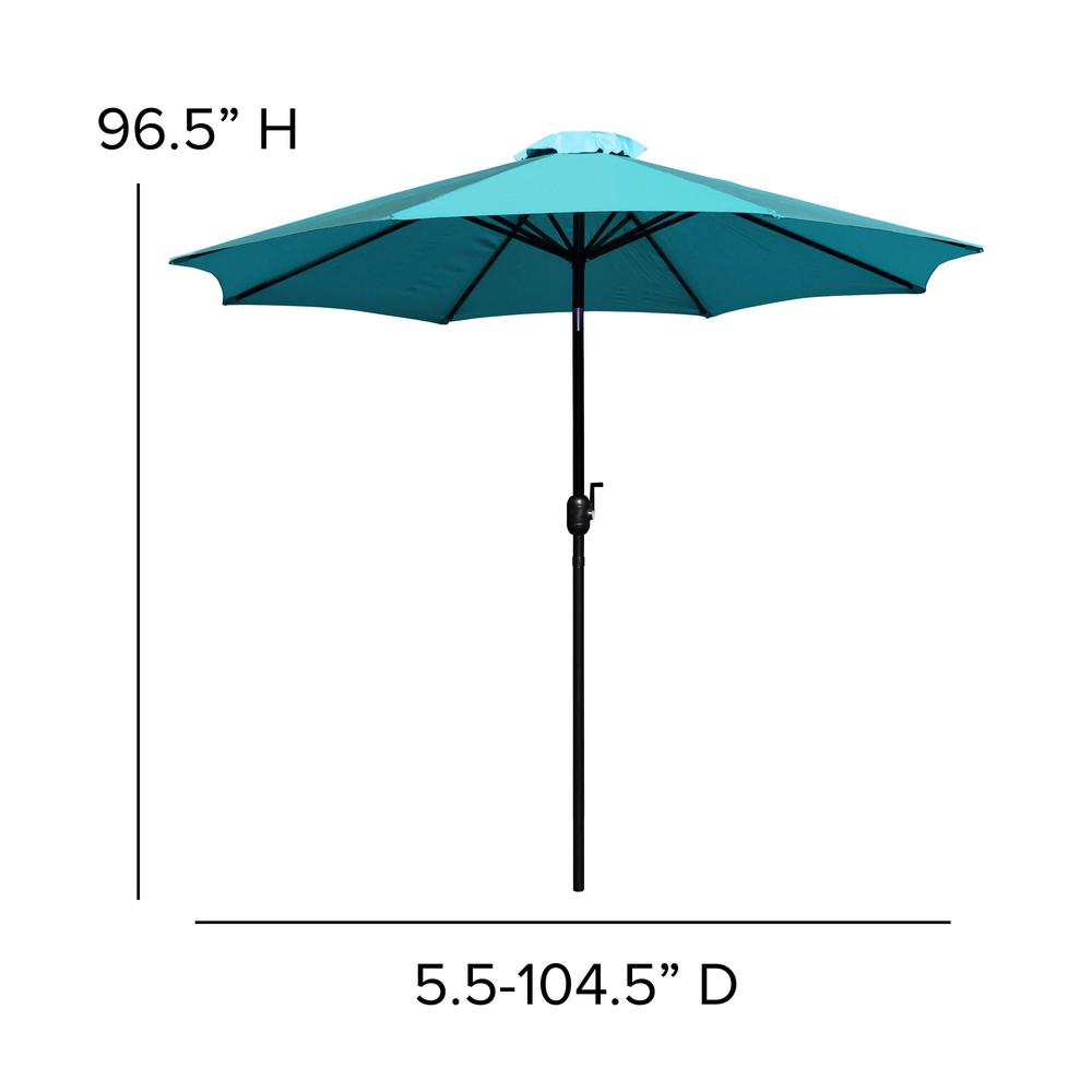 7 Piece Table Set - 4 Stackable Chairs, 35" Table, Teal Umbrella, Base. Picture 10