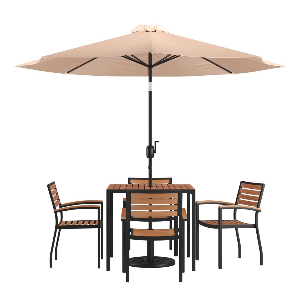 7 Piece Patio Table Set with 4 Stackable Chairs, 35" Table, Tan Umbrella, Base. Picture 1