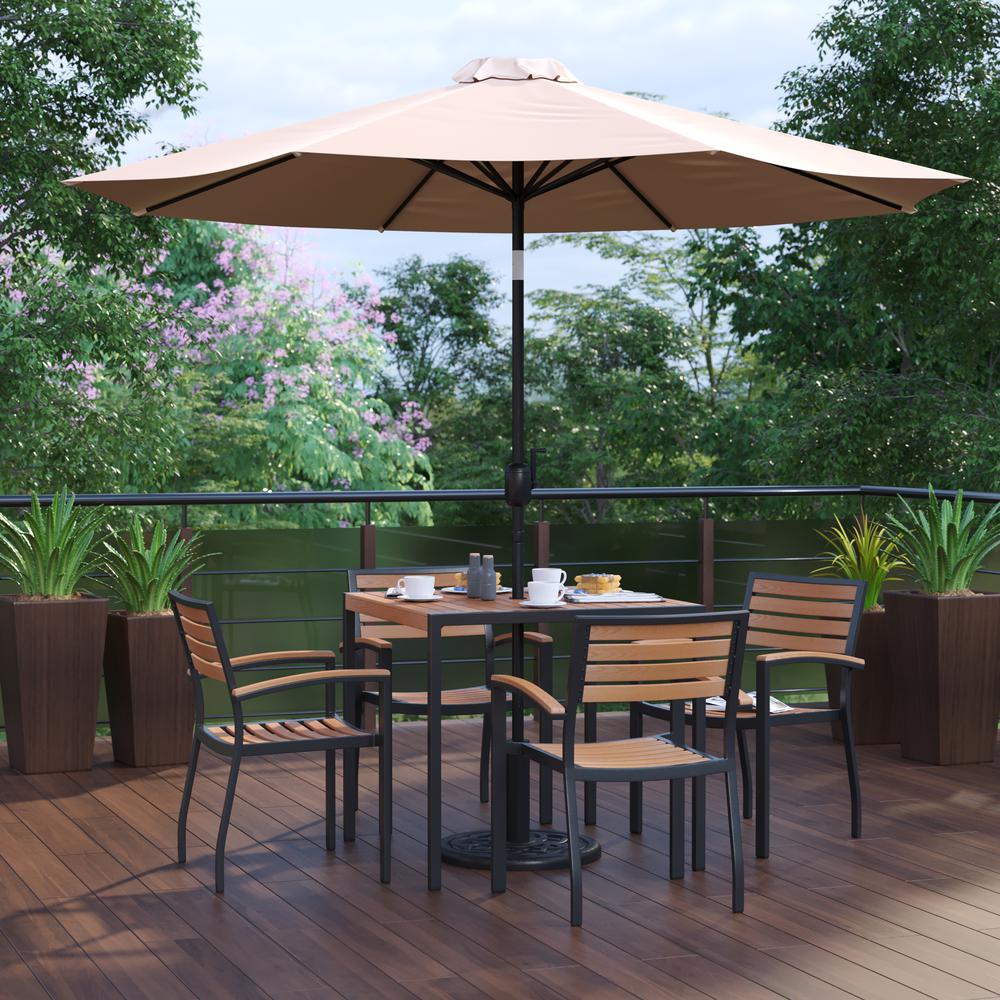 7 Piece Patio Table Set with 4 Stackable Chairs, 35" Table, Tan Umbrella, Base. Picture 2