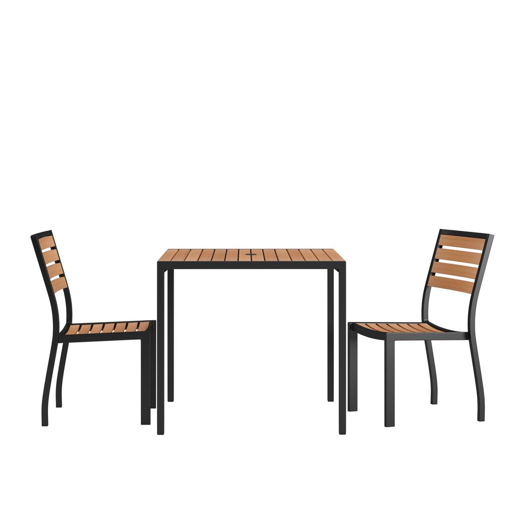 3 Piece Patio Table Set - Synthetic Teak Poly Slats - 35" Square Steel Framed Table with 2 Stackable Faux Teak Chairs. Picture 1