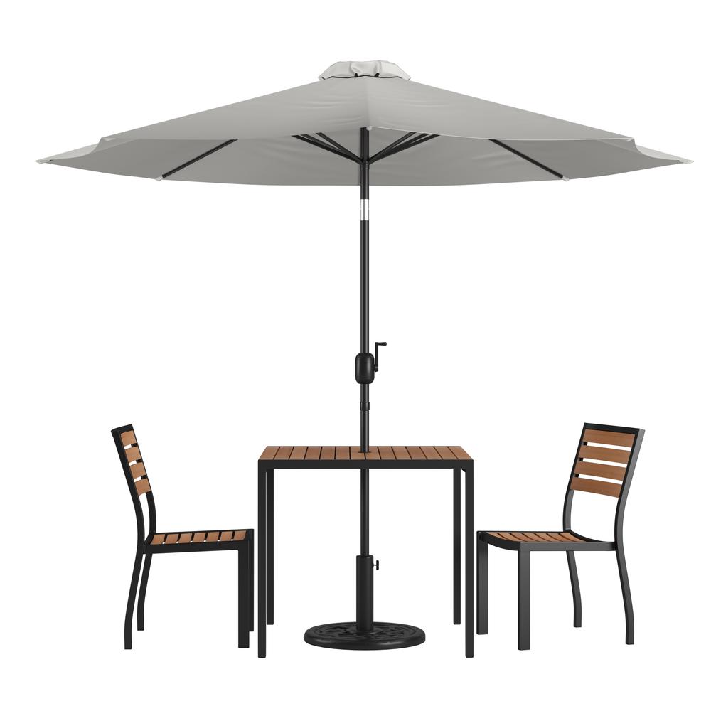 5 Piece All-Weather Deck or Patio Set with 2 Stacking Faux Teak Chairs, 35" Square Faux Teak Table, Gray Umbrella & Base. Picture 1