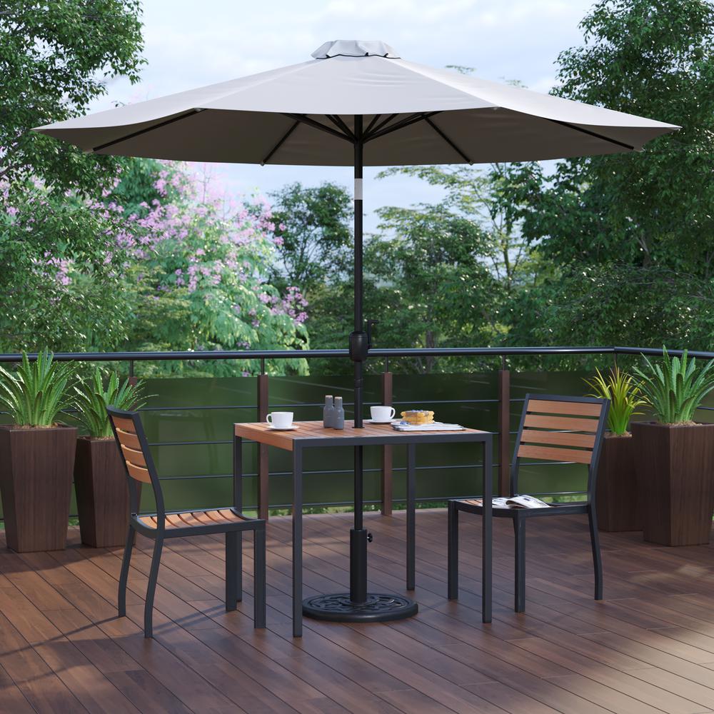 5 Piece All-Weather Deck or Patio Set with 2 Stacking Faux Teak Chairs, 35" Square Faux Teak Table, Gray Umbrella & Base. Picture 2