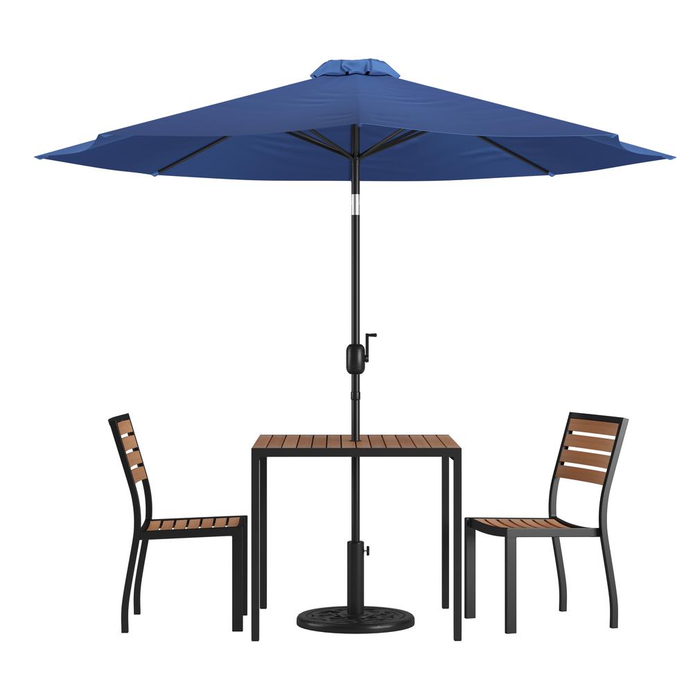 5 Piece Patio Set-2 Stacking Chairs, 35" Table, Navy Umbrella, Base. Picture 1